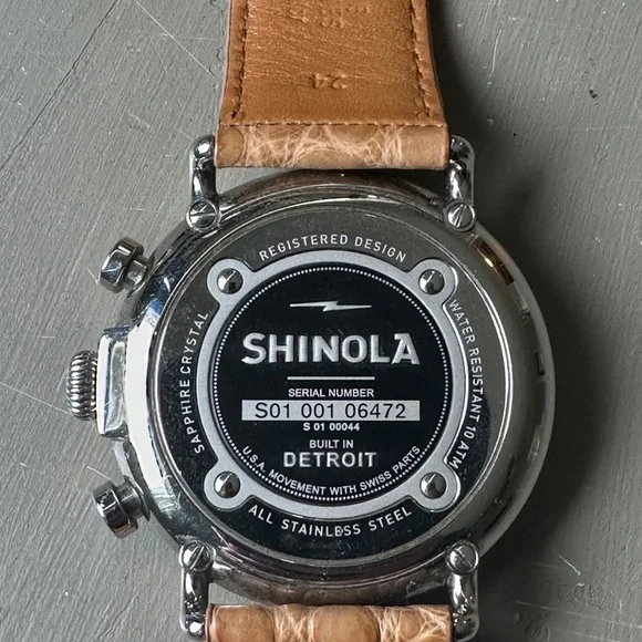 Shinola Runwell Chrono 47mm Black Tan Alligator Leather Watch AUTHENTIC